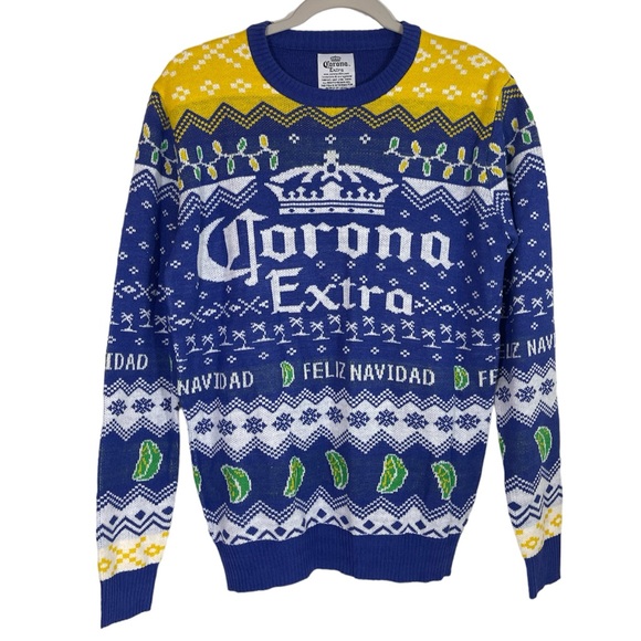 Corona Extra Feliz Navidad Blue Yellow Christmas Holiday Crewneck Sweater Size S - Picture 1 of 10